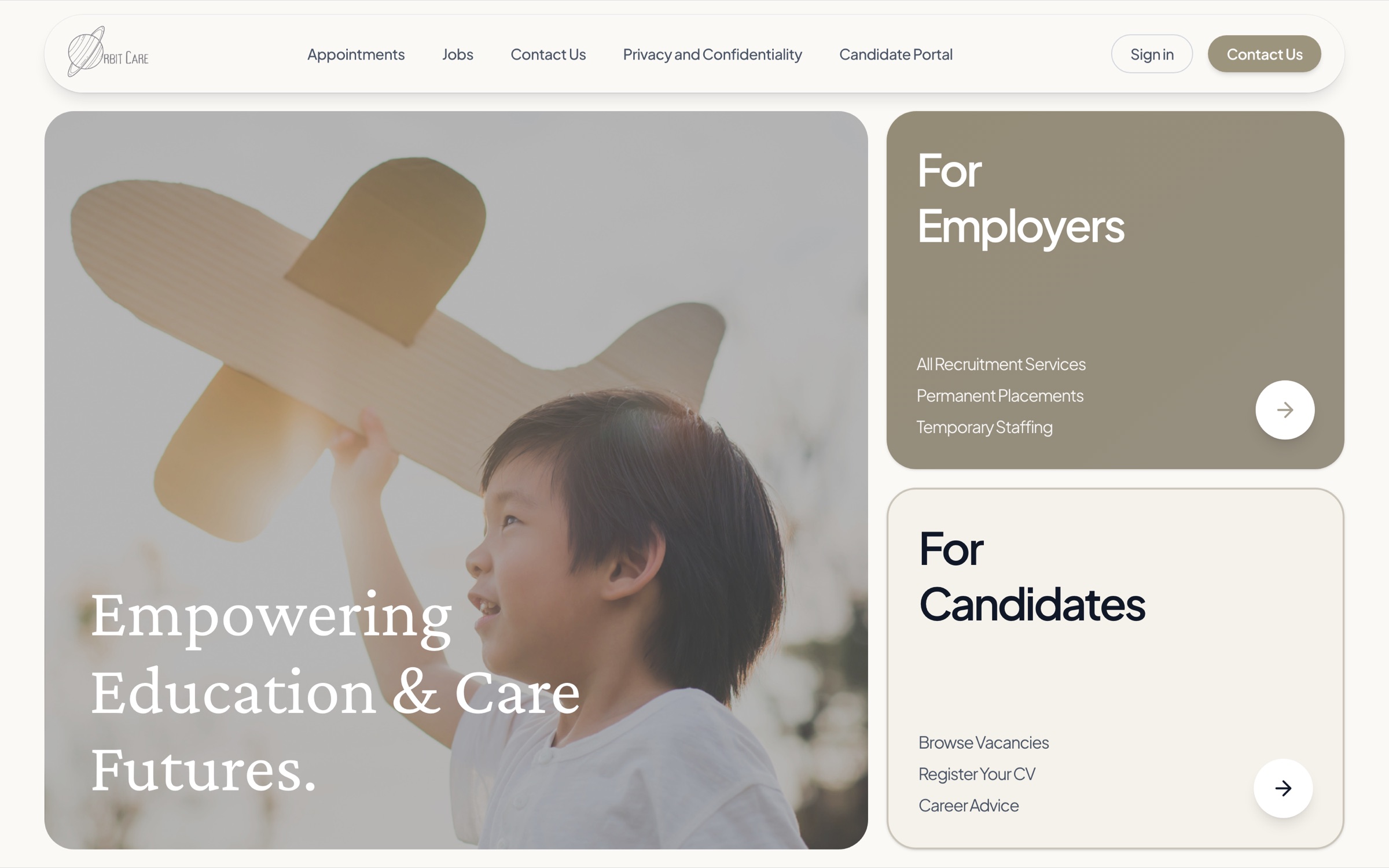 OrbitCare Recruitment homepage with paths for employers and candidates